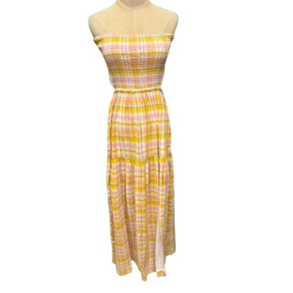 NWT! "L-SPACE"Yellow Plaid Smocked Strapless TINA Dress Cutout Back‎ Tiered XL